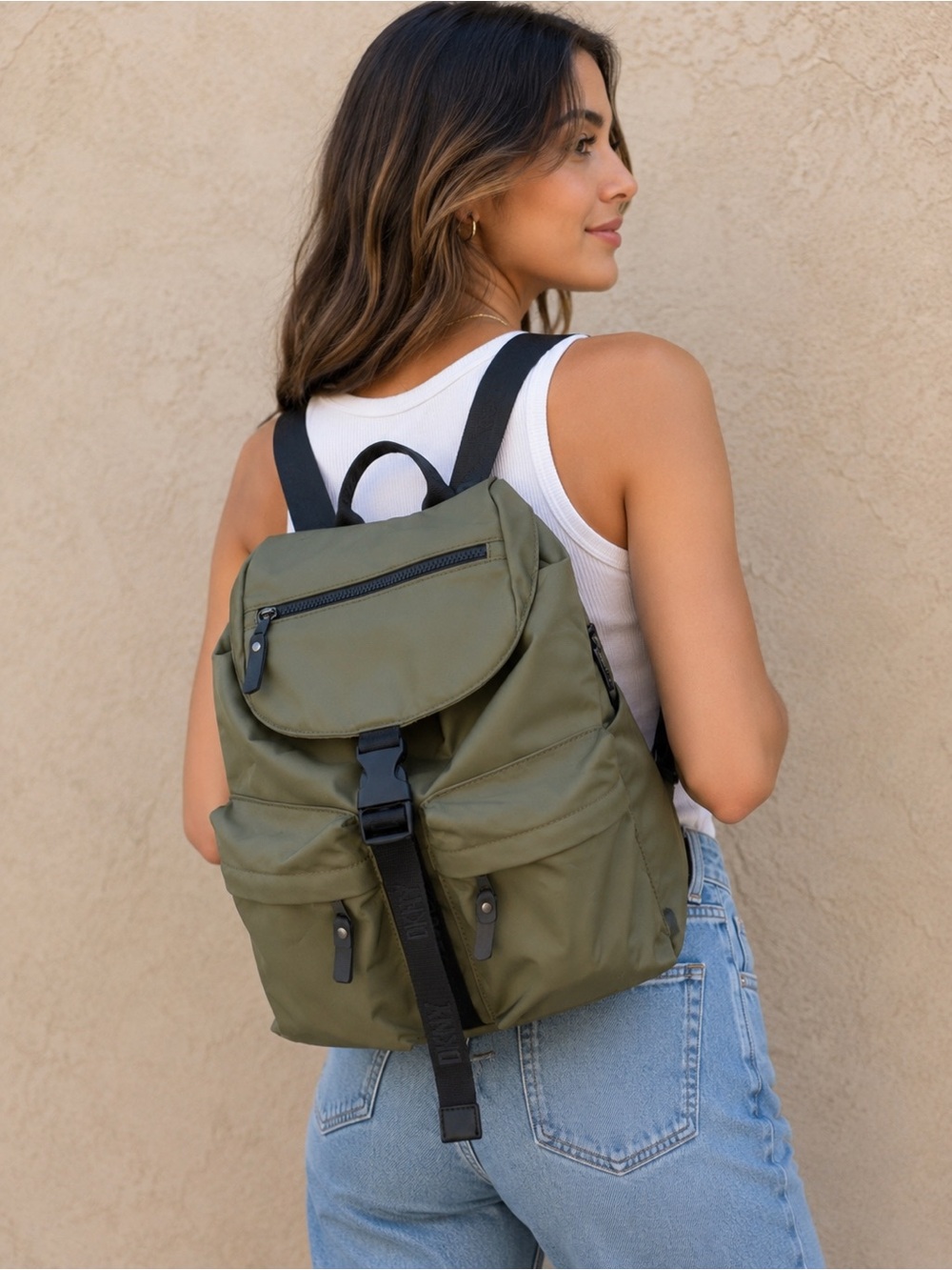 DKNY Olive Green & Black Nylon Multi-Pocket unisex Backpack Everyday Travel Bag